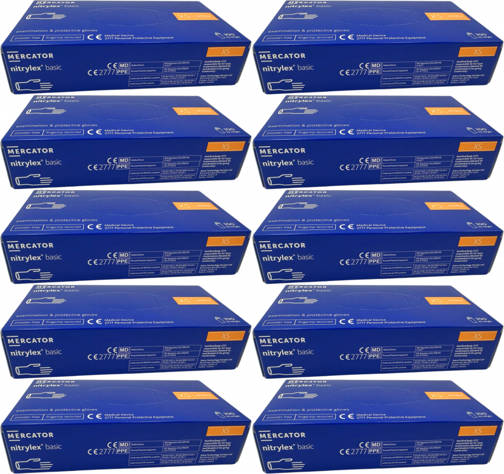 10x Rękawiczki nitrylowe jenorazowe Nitrylex Basic, bezpudrowe, rozmiar XS, 100 sztuk, ciemnoniebieski