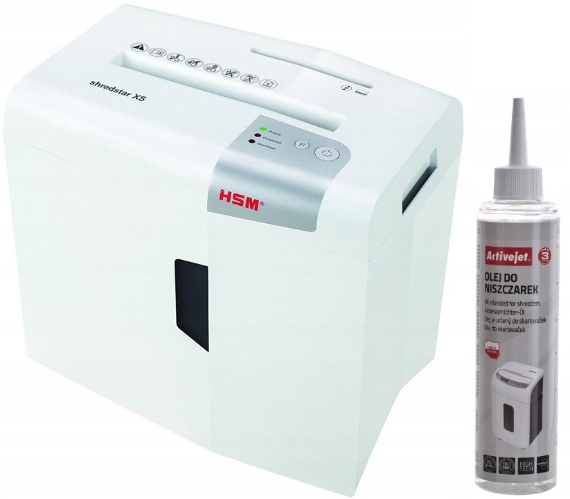 Zestaw Niszczarka HSM Shredstar X5, ścinek 4.5x30mm, 5 kartek, P-4/O-1/T-2/E-2/F-1 DIN, biały + Olej do niszczarek Activejet ASO-250, 250ml