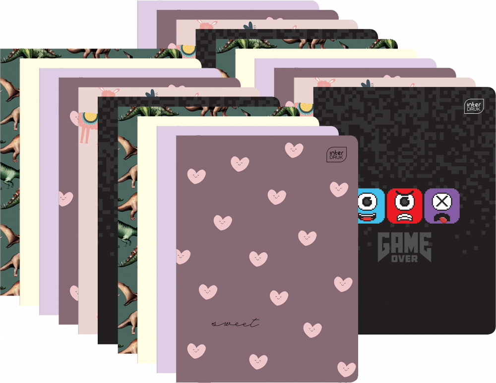 20x Zeszyt w wąskie kolorowe linie Interdruk, A5, miękka oprawa, 16 kartek, mix wzorów