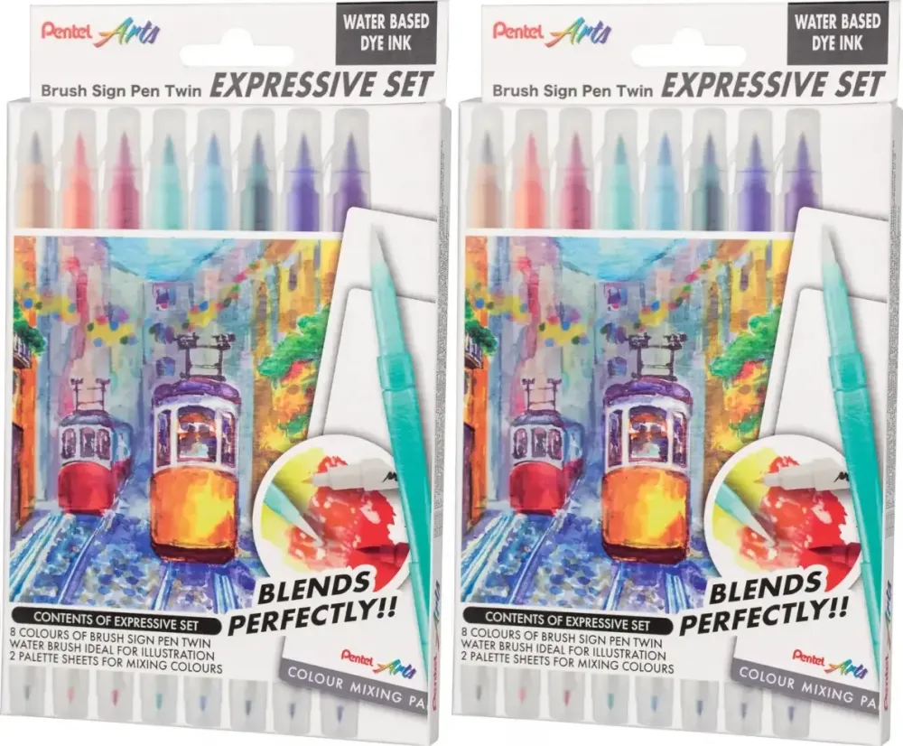 2x Pisaki pędzelkowe Pentel Brush Sign Pen Twin Expressive Set SESW30C-SET Landscape, dwustronne, 8 sztuk, mix kolorów