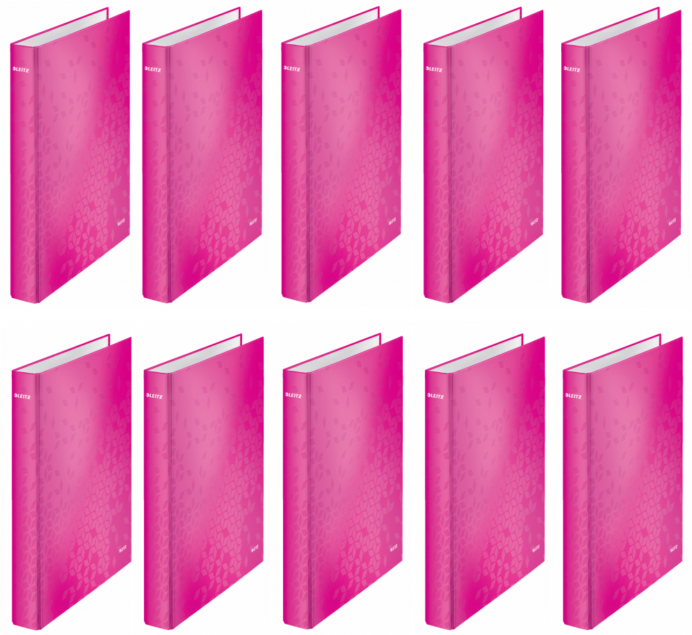 10x Segregator Leitz Wow, A4, szerokość grzbietu 40mm, do 250 kartek, 4 ringi różowy