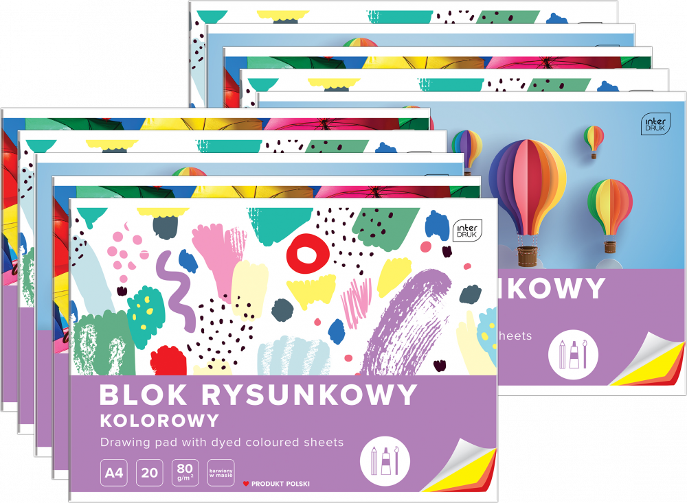 10x Blok rysunkowy Interdruk, A4, 20 kartek, kolorowy