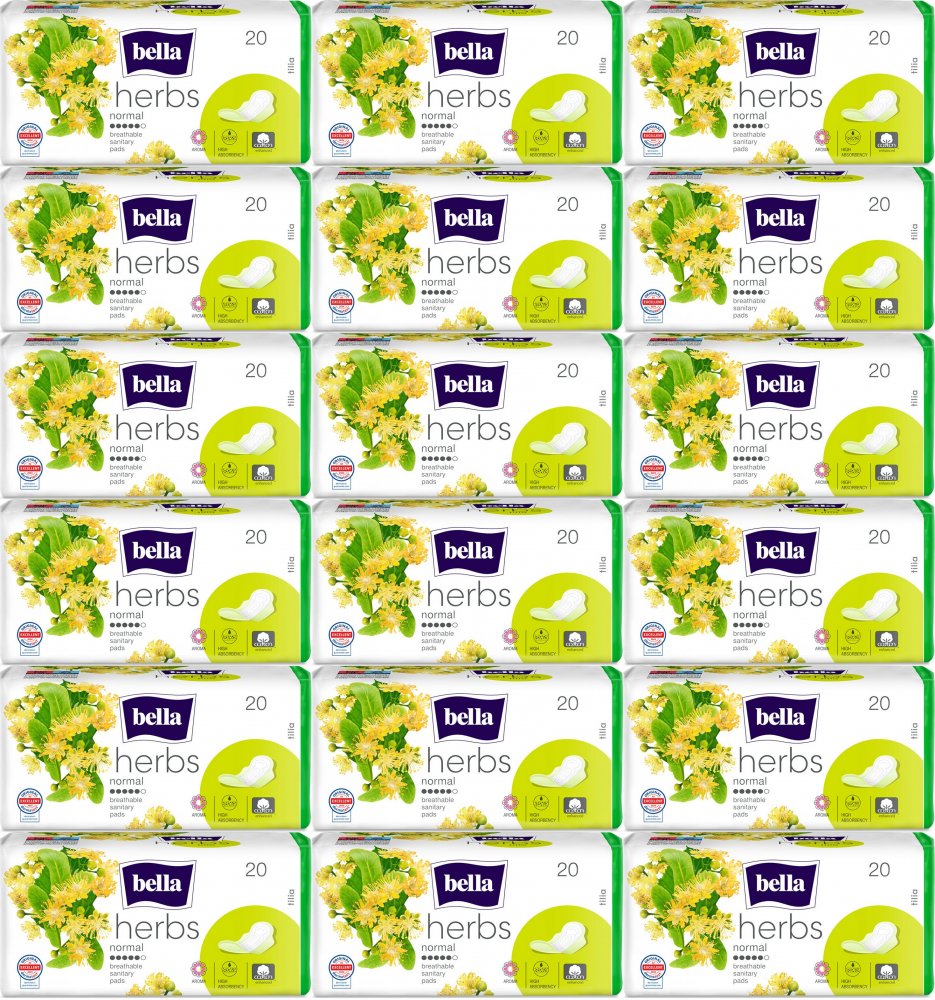 18x Podpaski Bella Herbs Tilia z kwiatem lipy, Normal, ze skrzydełkami, 20 sztuk