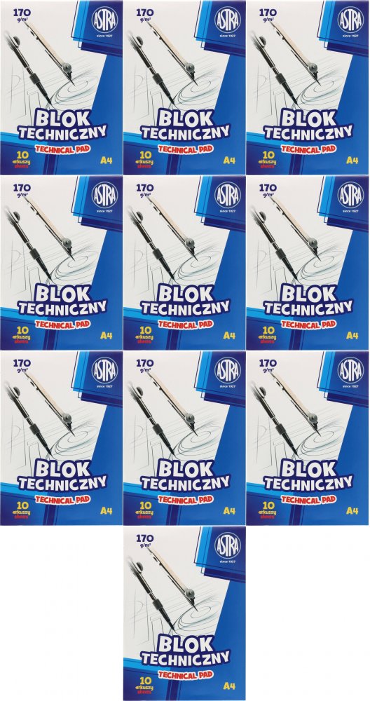 10x Blok techniczny Astra, A4, 10 kartek, biały
