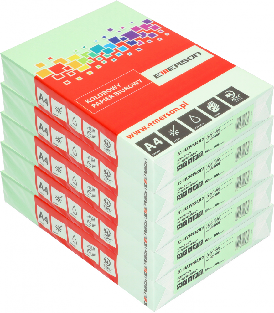 5x Papier kolorowy Emerson, A4, 80g/m2, 500 arkuszy, zielony (MG28)