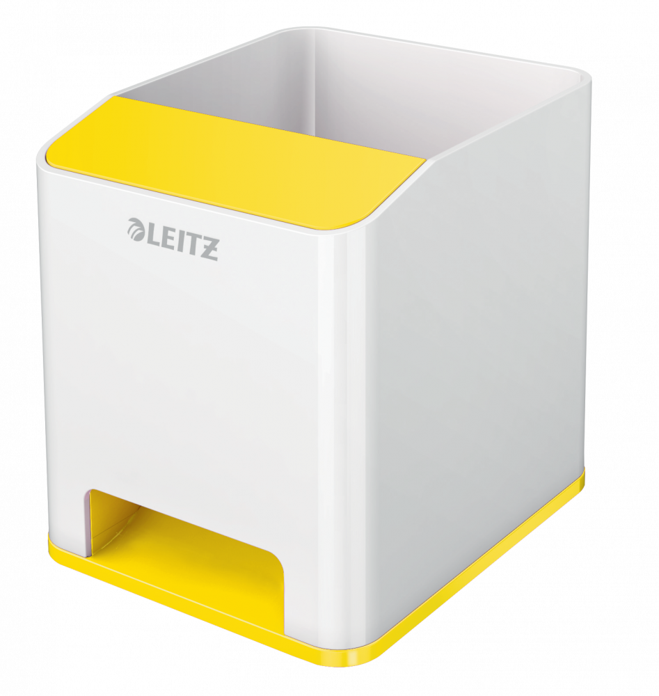 Kubek na długopisy Leitz Wow, ze wzmacniaczem dźwięku, 90x100x101mm, dwukolorowy, biało-żółty