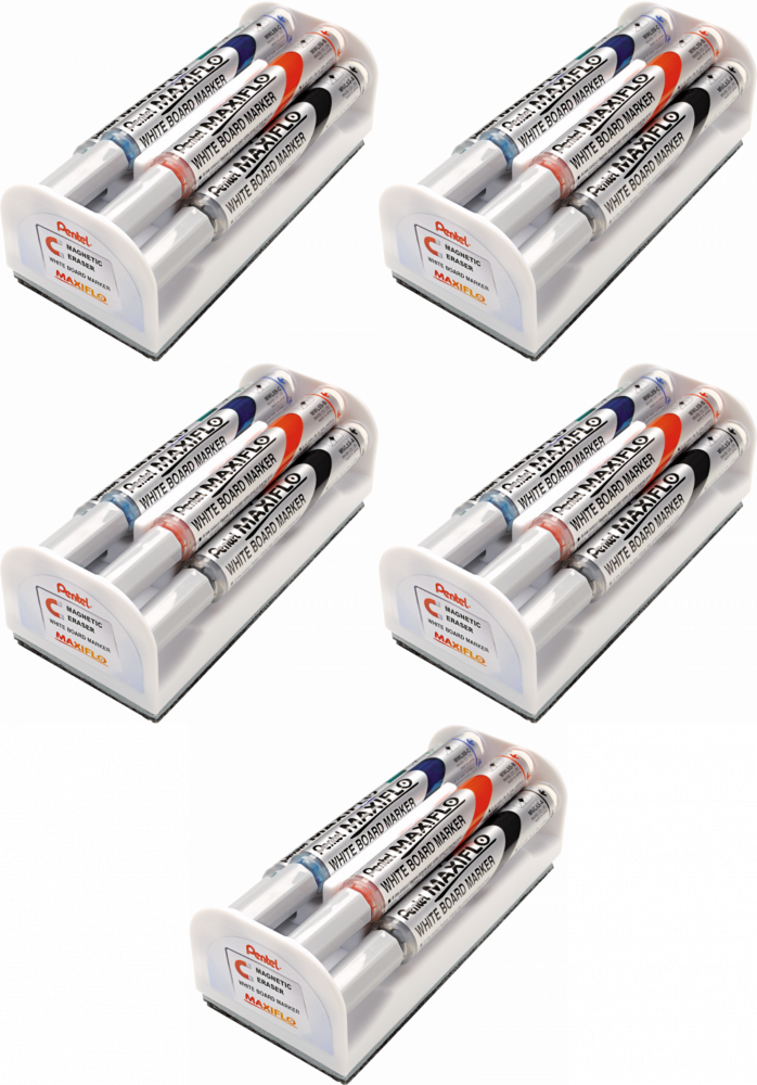5x Marker suchościeralny Pentel Maxiflo MWL5S, z tłoczkiem, okrągła, 4 sztuki, 4mm, mix kolorów + gąbka magnetyczna