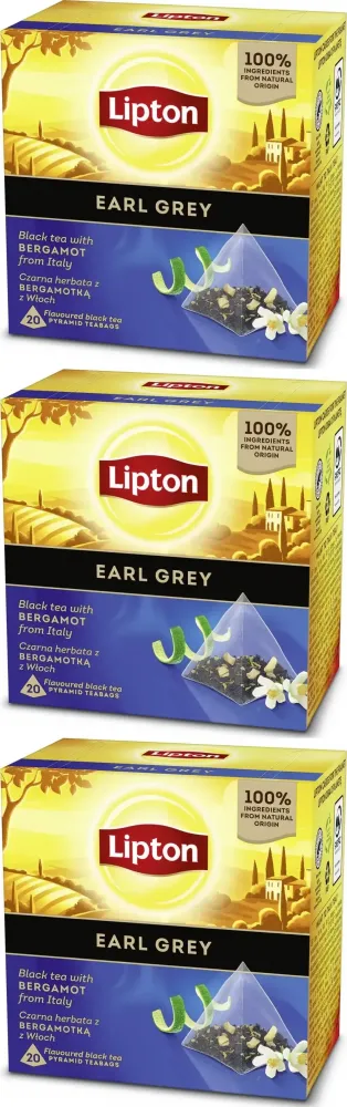 3x Herbata czarna w piramidkach Lipton Earl Grey, z bergamotką, 20 sztuk x 1.6g