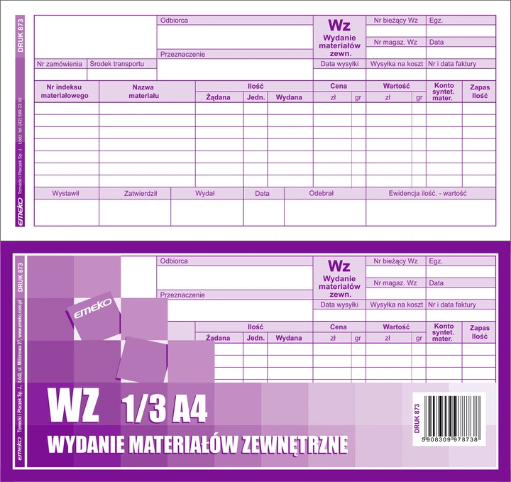 Druk akcydensowy WZ Wydanie materiałów na zewnątrz Emeko 873, 1/3 A4, wielokopia, 80k