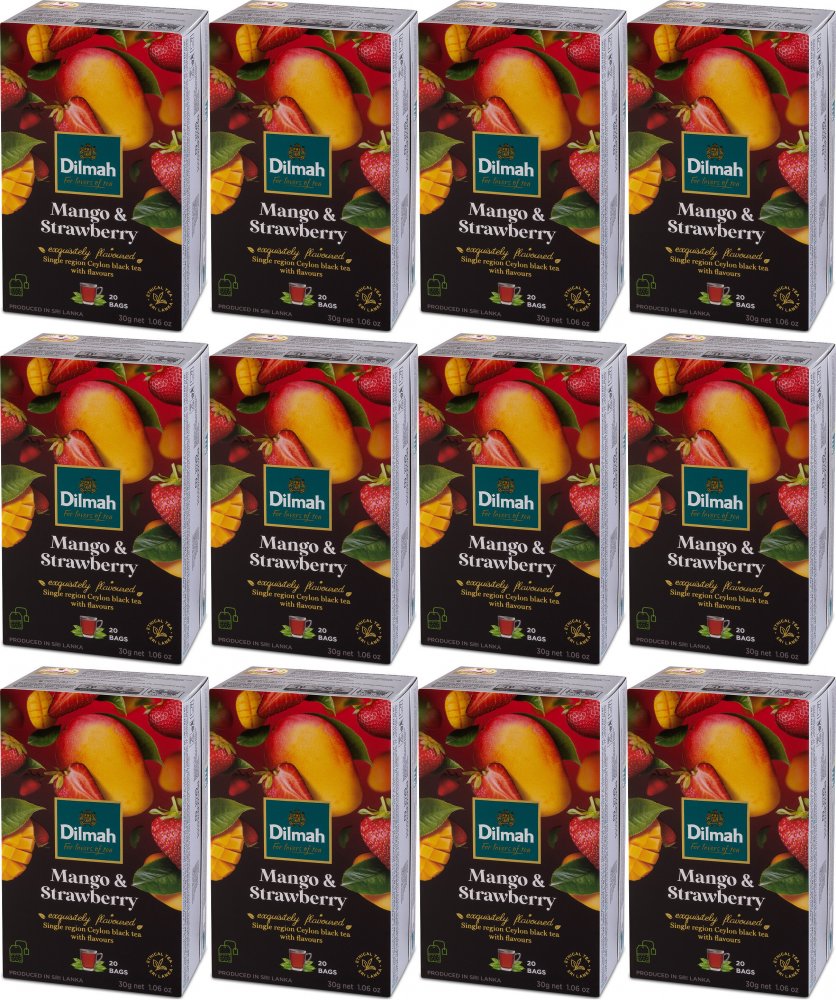 12x Herbata czarna aromatyzowana w torebkach Dilmah, mango i truskawka, 20 sztuk x 1.5g