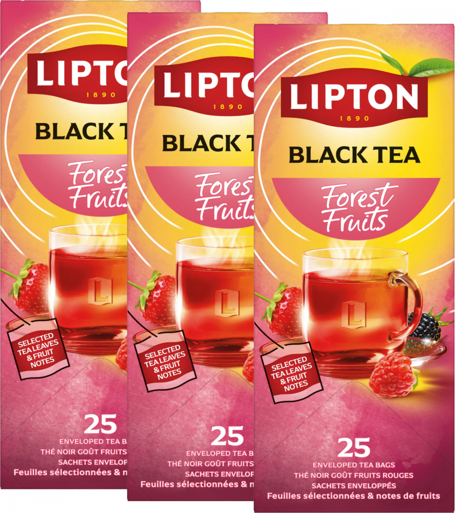 3x Herbata czarna smakowa w kopertach Lipton Classic, owoce leśne, 25 sztuk x 1.6g
