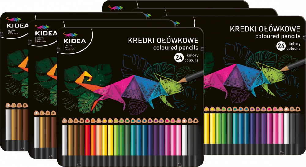 6x Kredki ołówkowe Kidea, trójkątne, w metalowym pudełku, 24 sztuki, mix kolorów
