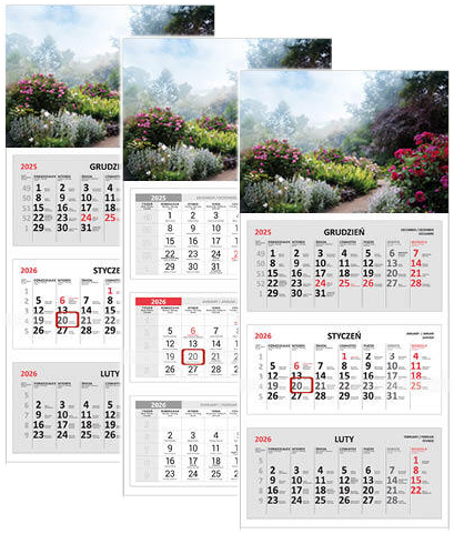3x Kalendarz ścienny 2026, Udziałowiec, trójdzielny, 310x680mm, alejka