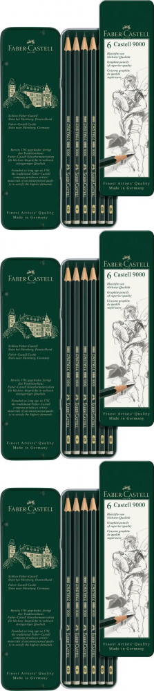 3x Ołówek Faber Castell, Castell 9000, sześciokątne, 6 sztuk, metalowe opakowanie