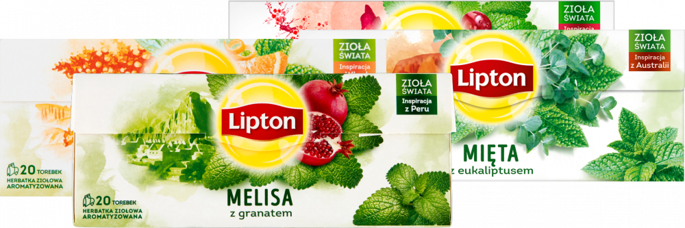 Zestaw herbat ziołowych w torebkach Lipton: mięta z cytrusami + mięta z eukaliptusem + melisa z granatem + melisa z wiśnią, 80 sztuk