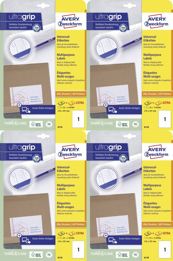 4x Etykiety samoprzylepne Avery Zweckform, 210x297mm, 25 arkuszy + 5 gratis, biały