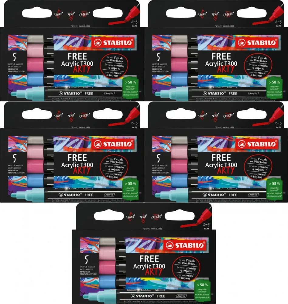 5x Pisak akrylowy Stabilo Free Acrylic T300 692/5 Candy Set, okrągła, 2-3mm, 5 sztuk, mix kolorów