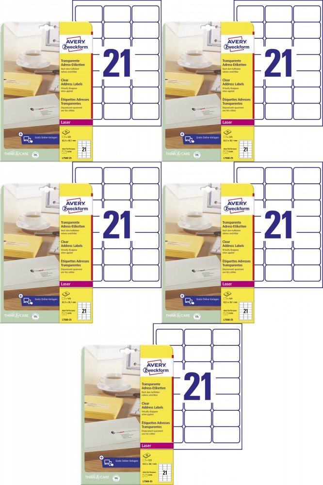 5x Etykiety adresowe Avery Zweckform QuickPeel, 63.5x38.1mm, 25 arkuszy, przezroczysty