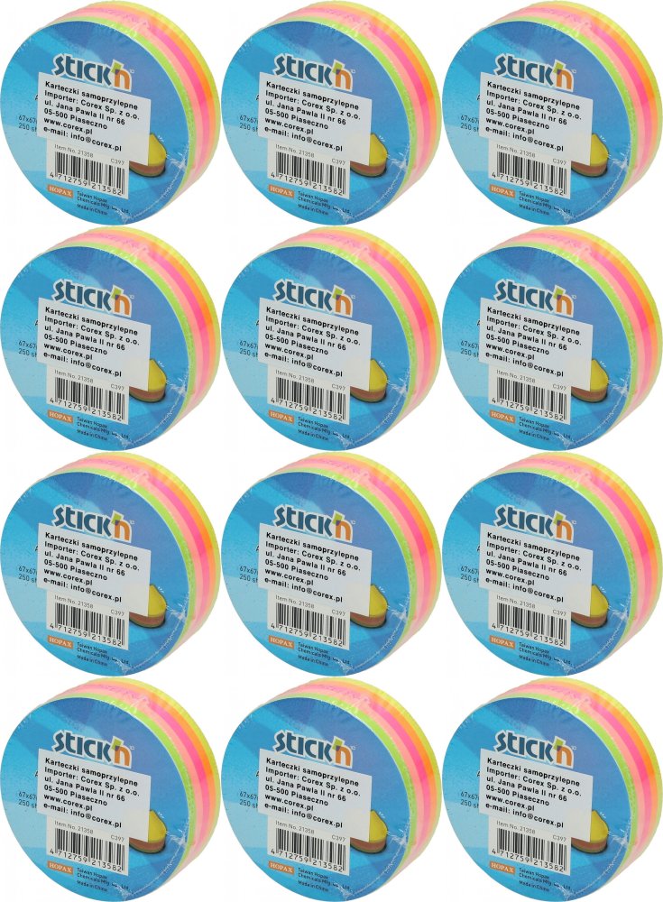 12x Karteczki samoprzylepne Stick'n koło, 67x67mm, 250 karteczek, mix kolorów neonowych