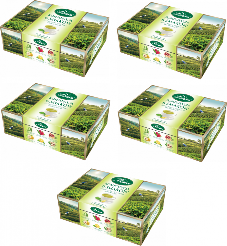 5x Zestaw herbat w kopertach BiFix, Kompozycja 6 herbat zielonych, 6 smaków, 60 sztuk x 2g