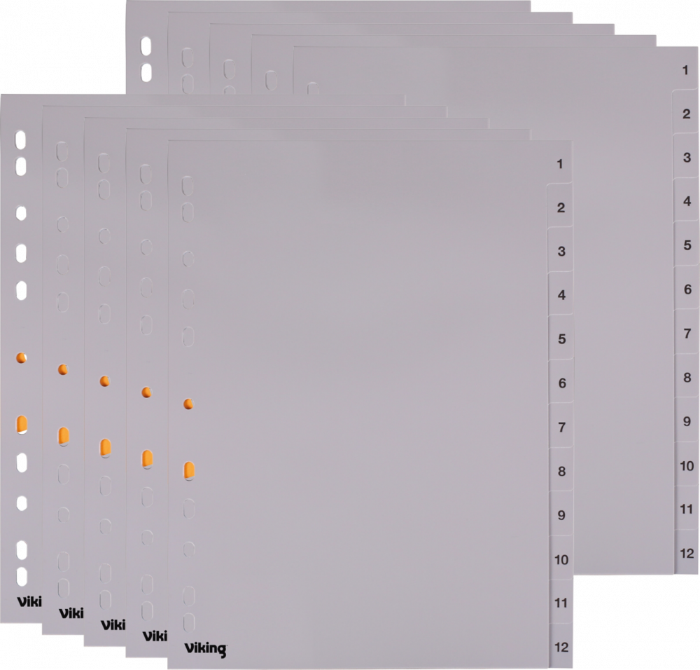 10x Przekładki do segregatora Viking, plastikowe, numeryczne, A4, 1-12 kart, szary