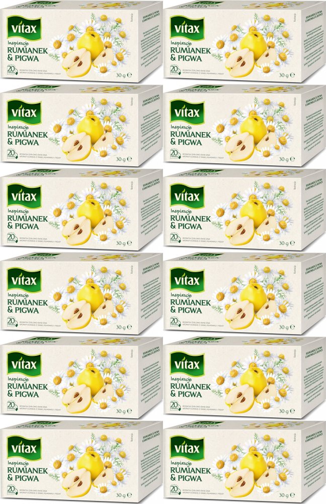 12x Herbata ziołowo-owocowa w torebkach Vitax Inspiracje, rumianek & pigwa, 20 sztuk x 1.5g