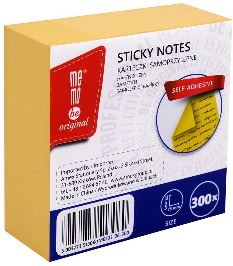 Karteczki samoprzylepne MemoBe, 75x75mm, 300 karteczek, żółty