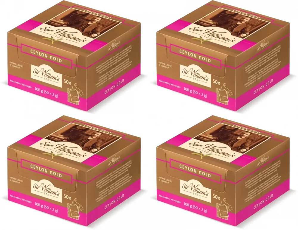 4x Herbata czarna w kopertach Sir Williams Tea Ceylon Gold, 50 sztuk x 2g