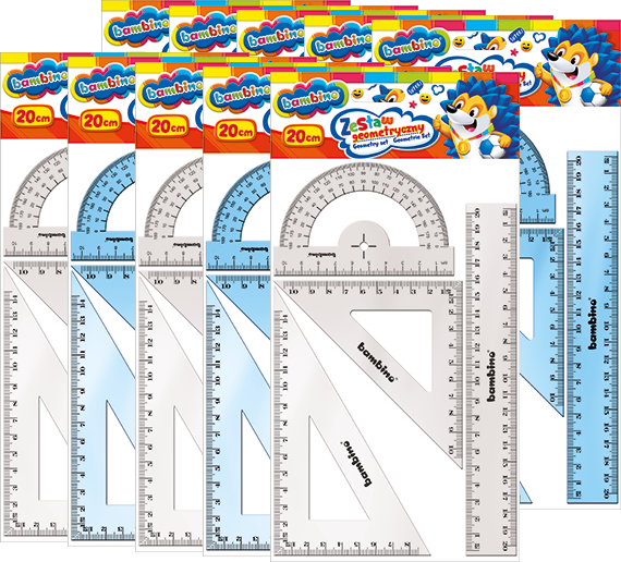 10x Zestaw geometryczny Bambino Zwierzaki Uczniaki, 4 elementy (w tym linijka 20cm), mix kolorów