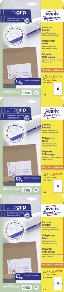 3x Etykiety samoprzylepne Avery Zweckform, 105x148 mm, 25 arkuszy + 5 gratis, biały