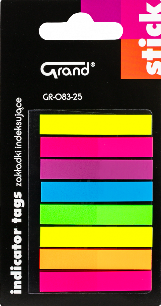 Zakładki samoprzylepne Grand GR-083-25, indeksujące, proste, 45x7 mm, 8x25 sztuk, mix kolorów