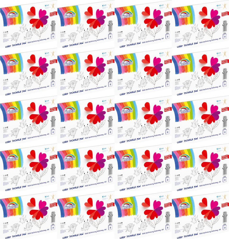 20x Blok techniczny kolorowy Fiorello, A4, 8 kartek, mix wzorów