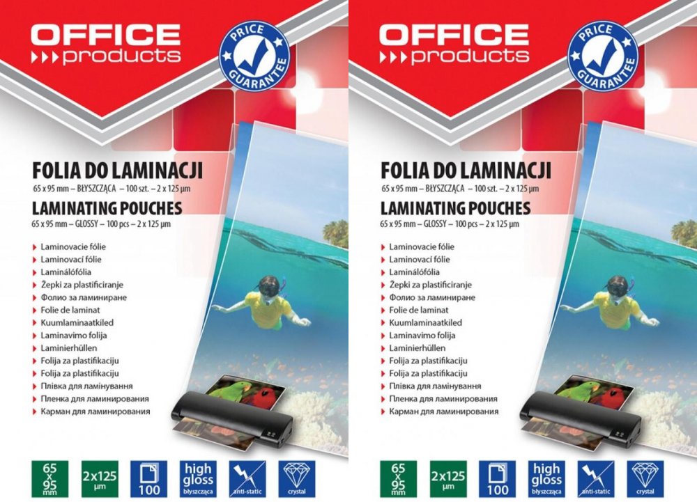 2x Folia do laminowania Office Products, 65x95mm, 2x125 μm, antystatyczna, 100 sztuk