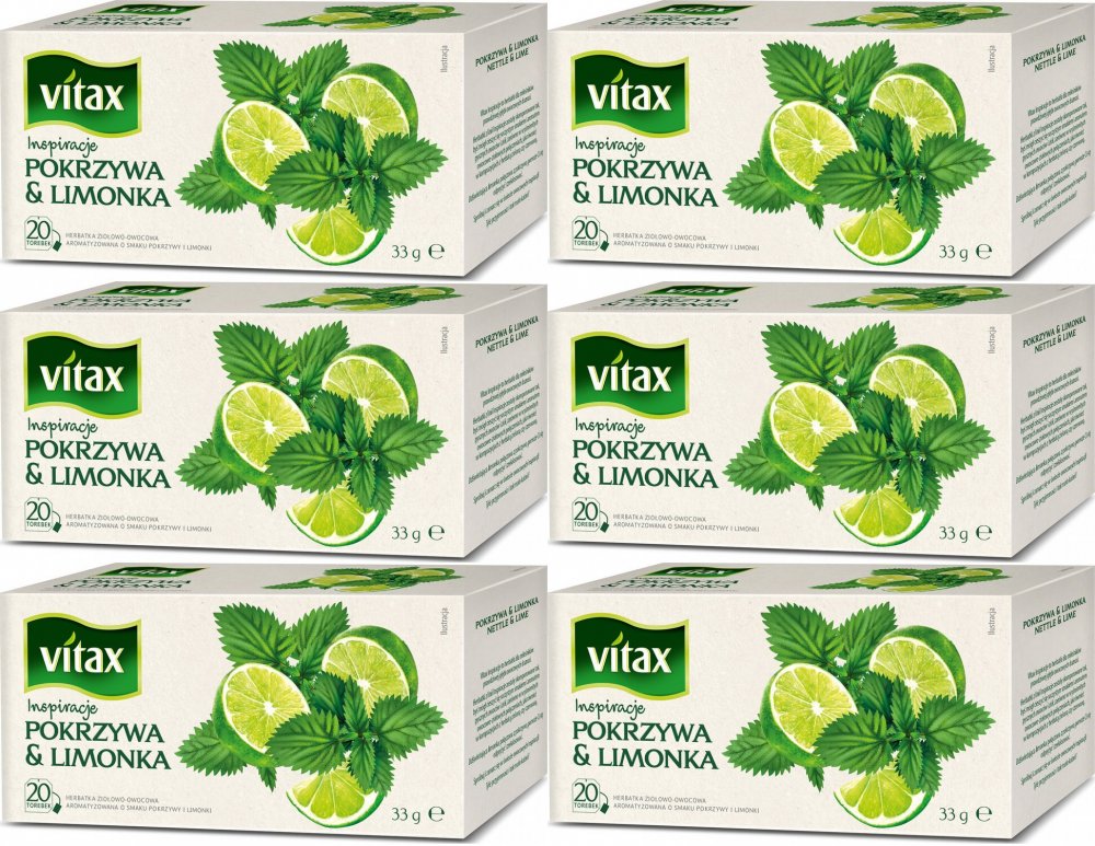 6x Herbata ziołowo-owocowa w torebkach Vitax Inspiracje, pokrzywa & limonka, 20 sztuk x 1.65g