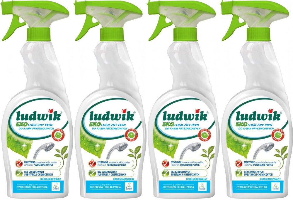 4x Płyn do mycia łazienki - kabin prysznicowych Ludwik Ekologiczny, cytrusy i eukaliptus, 750ml