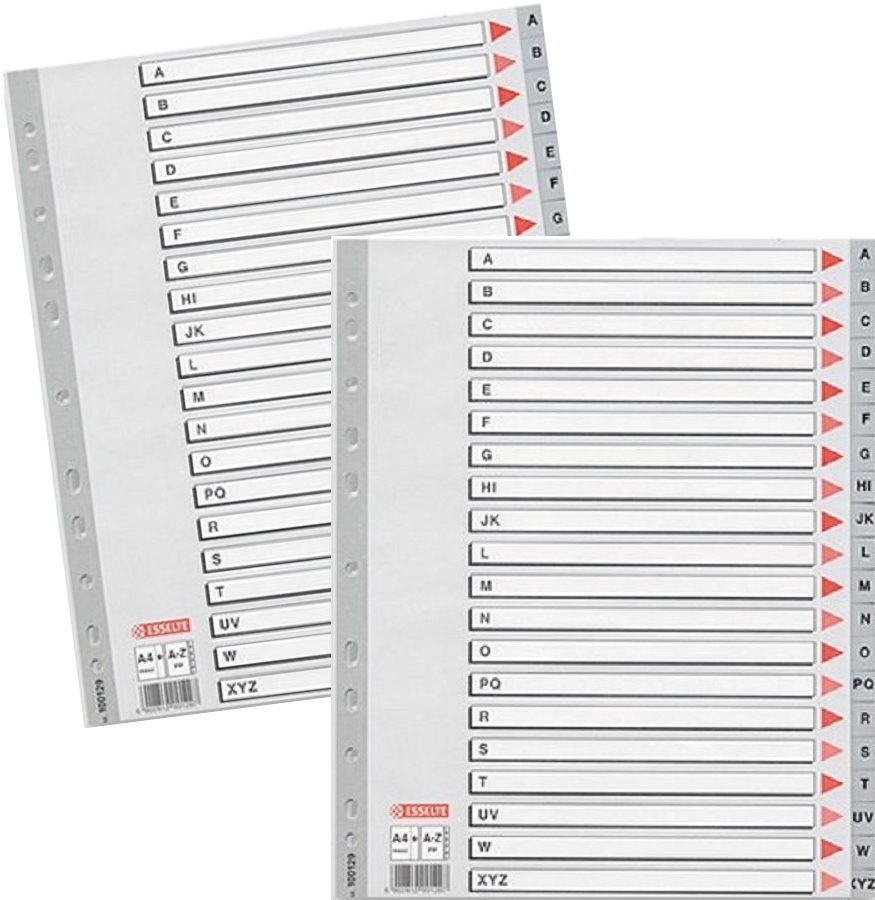 2x Przekładki do segregatora Esselte, plastikowe, alfabetyczne (A-Z), A4+, 20 kart, szary