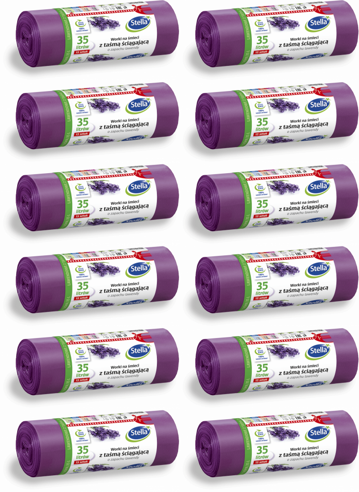 12x Worki na śmieci Stella, na odpady zmieszane, ekologiczne, 35l, 15 sztuk, lawendowe, fioletowy