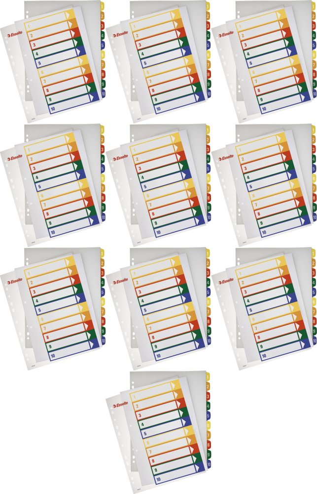 10x Przekładki do segregatora Esselte Maxi, plastikowe, numeryczne, do zadruku, A4, 1-10 kart, mix kolorów