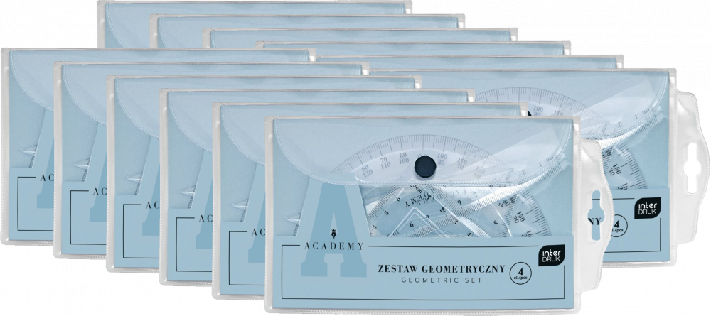 12x Zestaw geometryczny Interdruk Academy, 4 elementy, w etui, przezroczysty