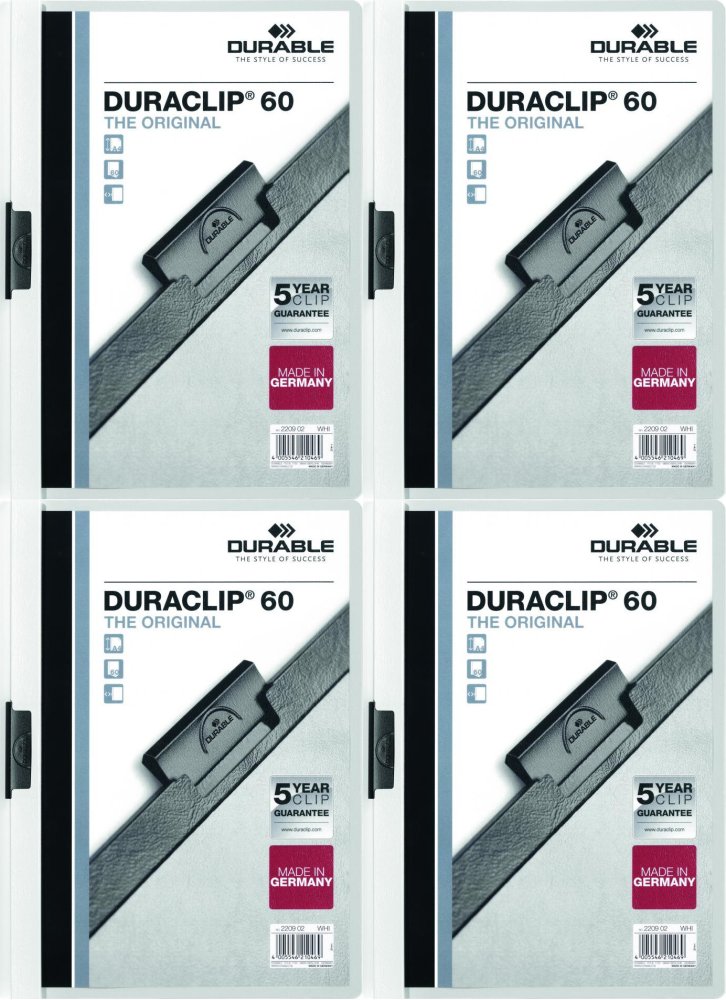 4x Skoroszyt plastikowy z klipsem Durable DuraClip, A4, do 60 kartek, biały