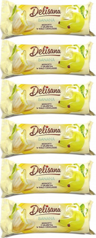 6x Biszkopty w białej czekoladzie Delicpol Delisana, z galaretką bananową, 135g