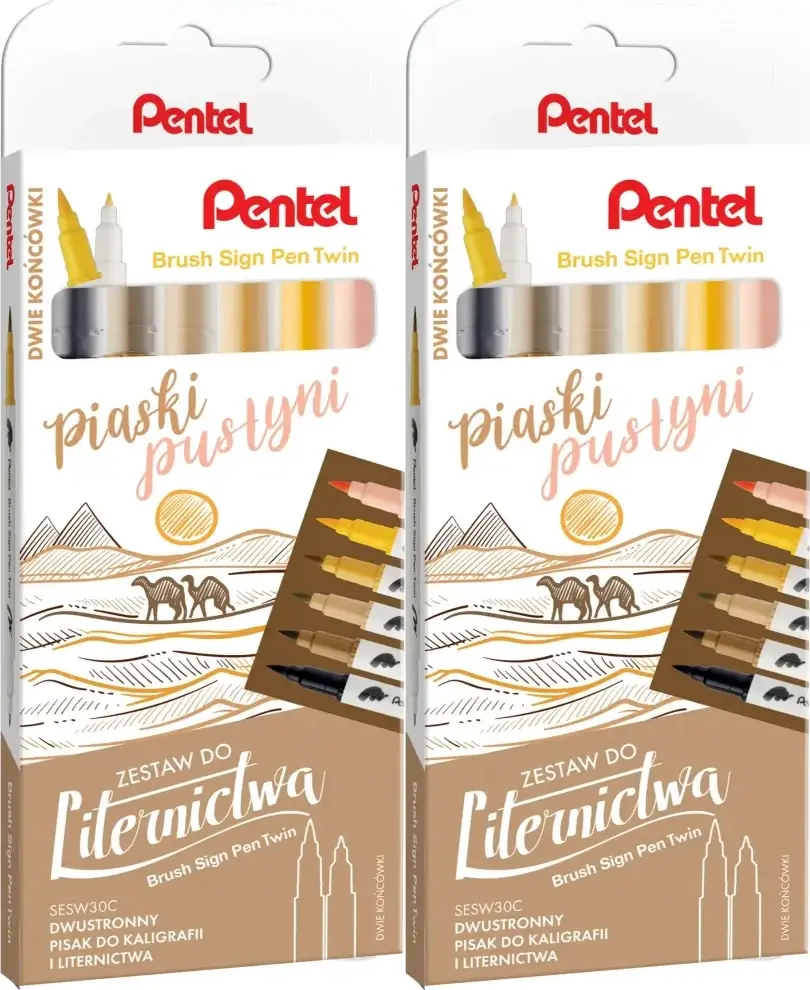 2x Pisaki do kaligrafii i liternictwa Pentel Brush Sign Pen Twin SESW30C Piaski Pustyni, dwustronne, 6 sztuk, mix kolorów