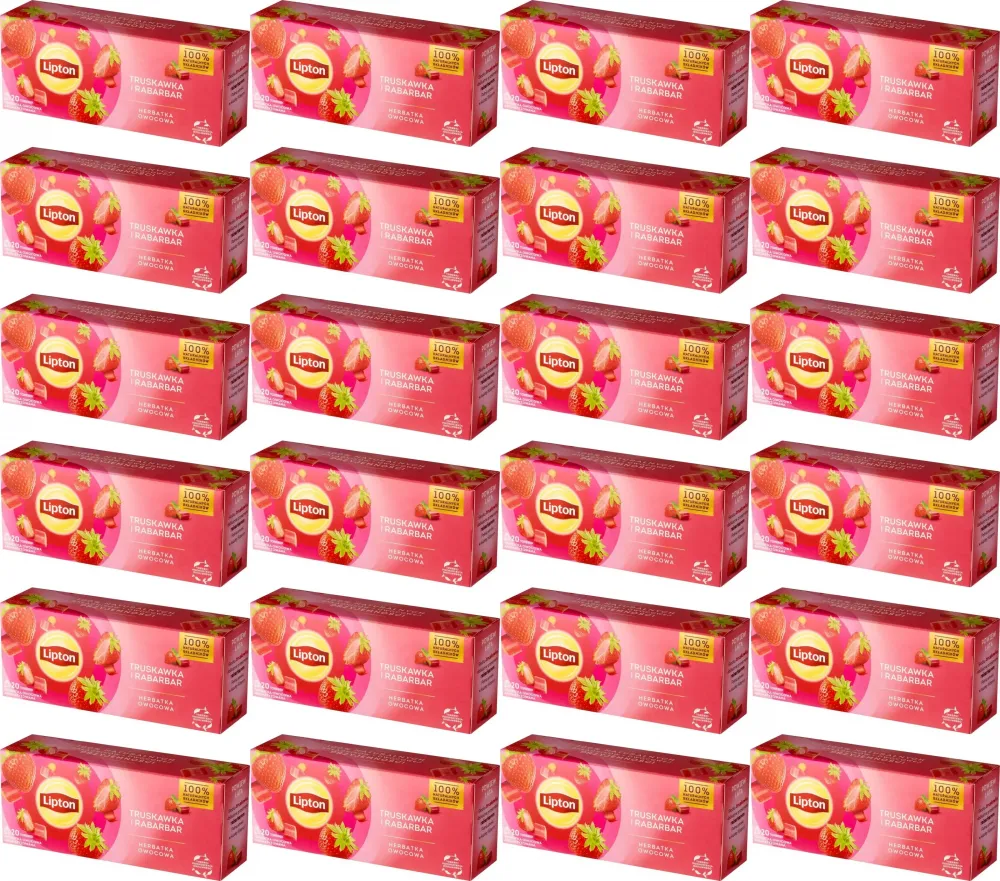 24x Herbata owocowa w torebkach Lipton, truskawka i rabarbar, 20 sztuk x 1.6g