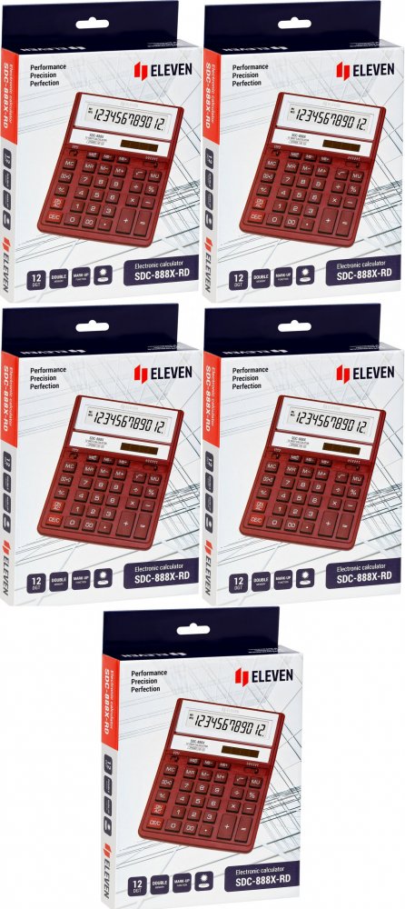 5x Kalkulator biurowy Eleven SDC-888XRD, 12 cyfr, czerwony
