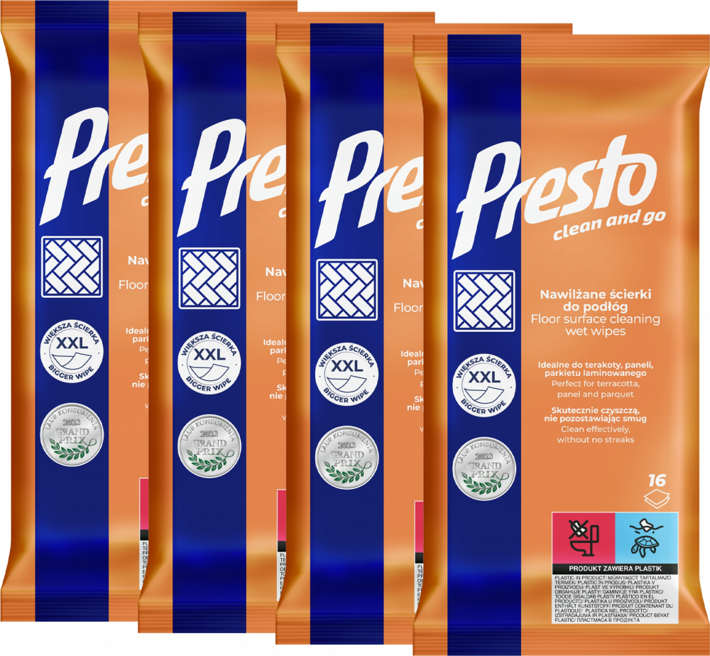 4x Chusteczki do czyszczenia podłóg Presto, nawilżone, 16 sztuk
