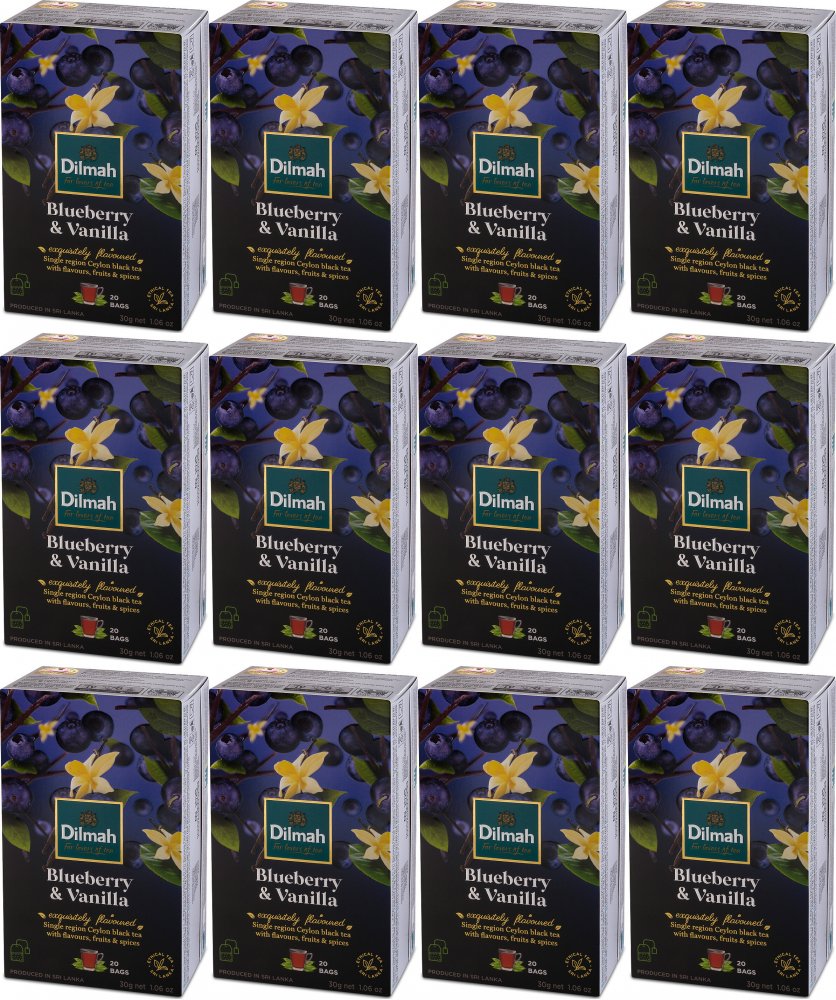 12x Herbata czarna aromatyzowana w torebkach Dilmah, jagoda i wanilia, 20 sztuk x 1.5g
