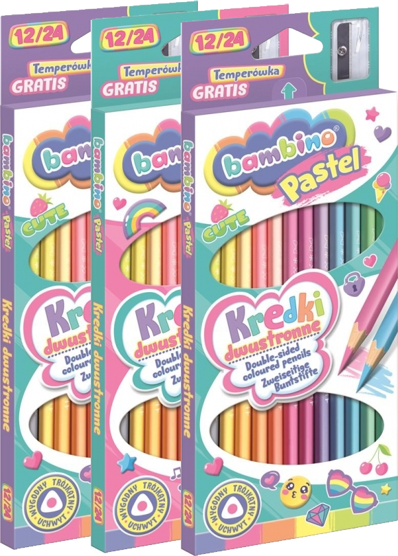 3x Kredki Bambino Pastel, dwustronne, trójkątne, 12 sztuk + temperówka, mix kolorów