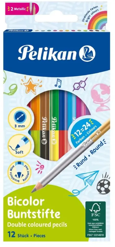 Kredki ołówkowe Pelikan, dwustronne, 12 sztuk, 24 kolory
