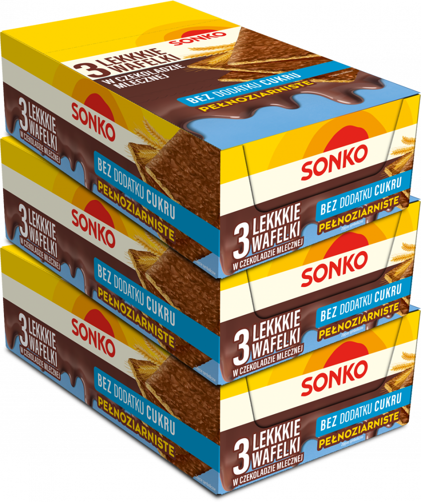 33x Lekkkie wafelki Sonko, w czekoladzie mlecznej, bez dodatku cukru, 3 sztuki, 36g