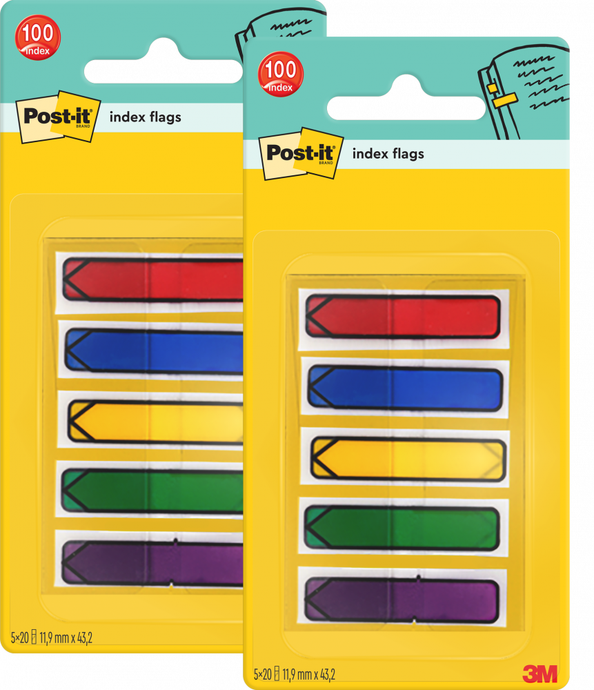2x Zakładki samoprzylepne Post-it, indeksujące, strzałka, 11.9x43.2mm, 5x20 sztuk, mix kolorów